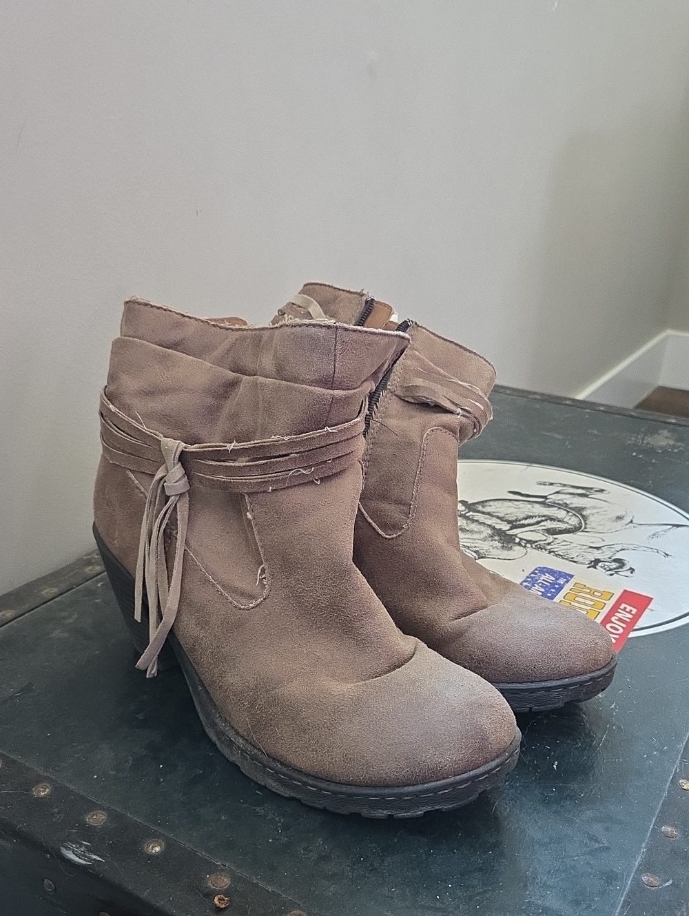 Women's B.O.C. Taupe Suede Ankle Boots with Fringe Tie
